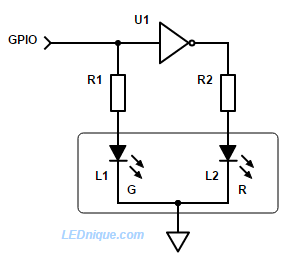 1 GPIO, bi-colour LED, common cathode, inverter, 12V