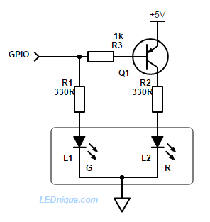 A single GPIO pin alternating the two LEDs of a common cathode dual LED.