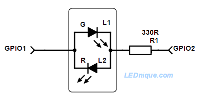 2 GPIO, 1 bi-colour 2-pin LED