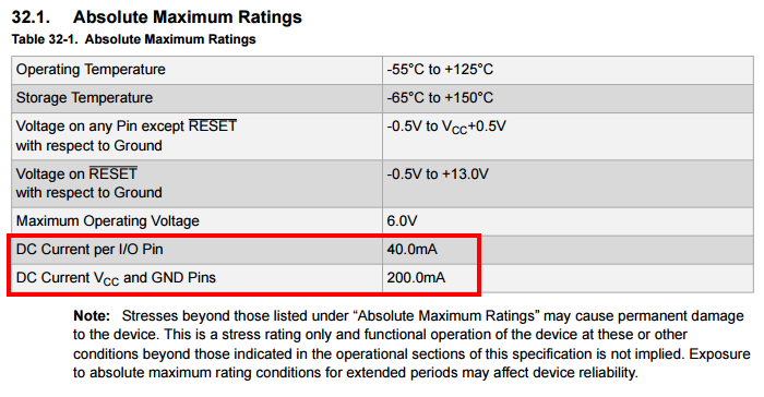 ATmega328 maximum current ratings.