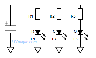 Parallel LEDs with individual resistors.