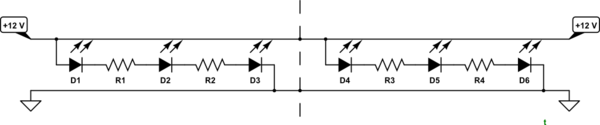 Schematic diagram of strip. Note that cutting in the wrong place will result in one, two or three LEDs not working.