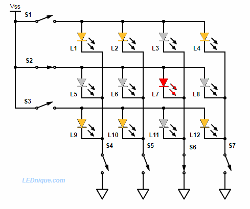 Multiplexed common cathode 7-segment display diode voltages.